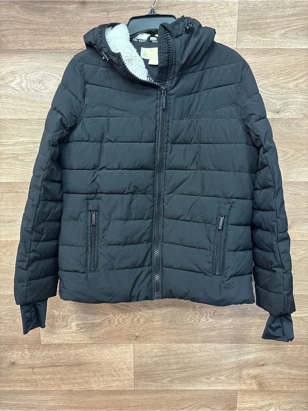 Michael Kors Womens Black Puffer Jacket Sherpa Hooded Quilted Winter Coat M